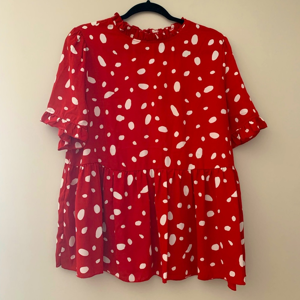 Red and white Dalmatian blouse. Frill collar, empire waist, button neck.